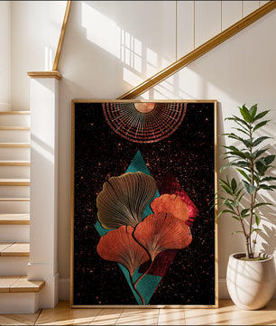 Traducción al español: Ilustración floral cósmica abstracta con elementos geométricos y acentos dorados