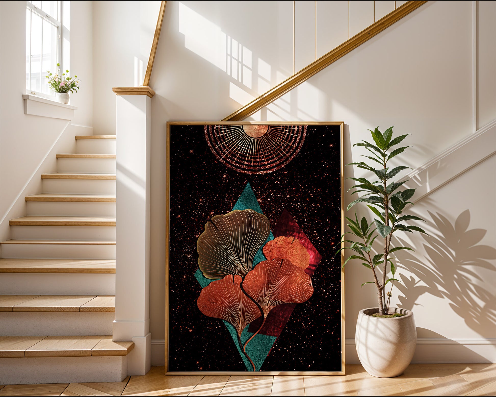 Traducción al español: Ilustración floral cósmica abstracta con elementos geométricos y acentos dorados