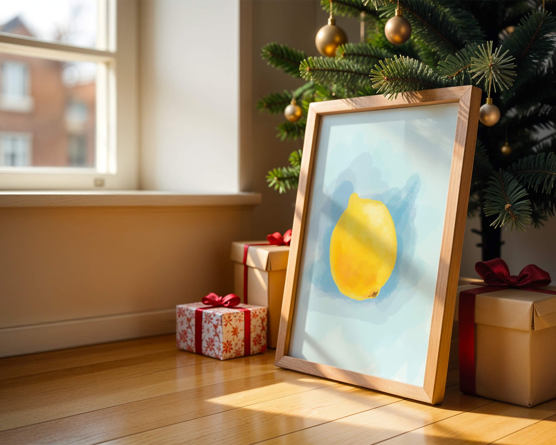 Watercolor artwork of a lemon on a blue background