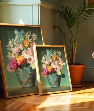 Floral arrangement in a decorative vase on a green background