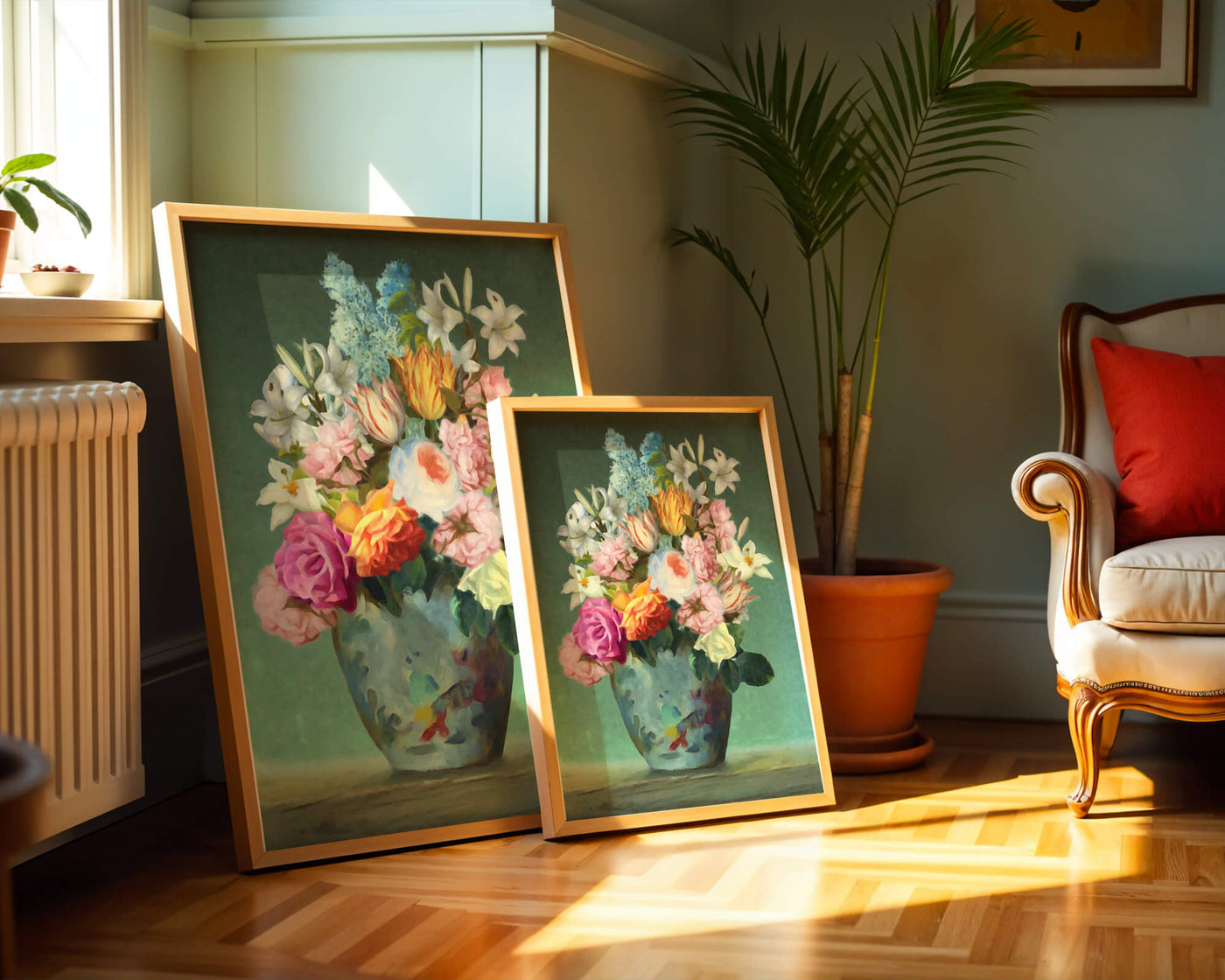 Floral arrangement in a decorative vase on a green background