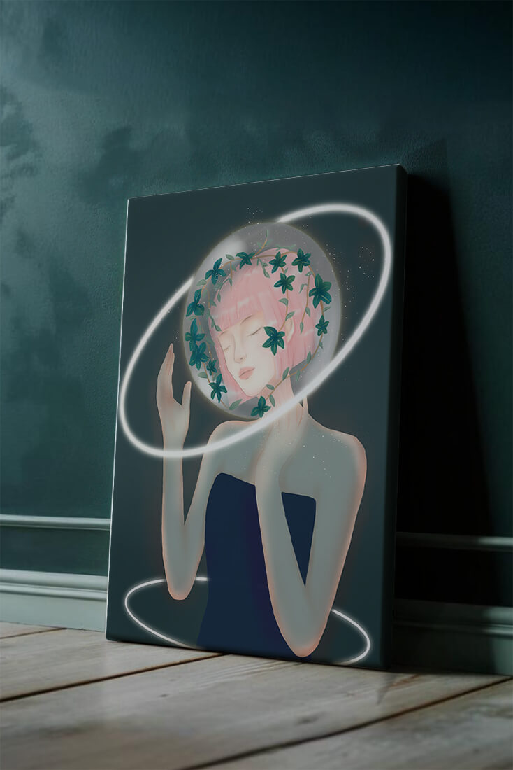 Dreamlike fantasy portrait with ethereal pink-haired figure