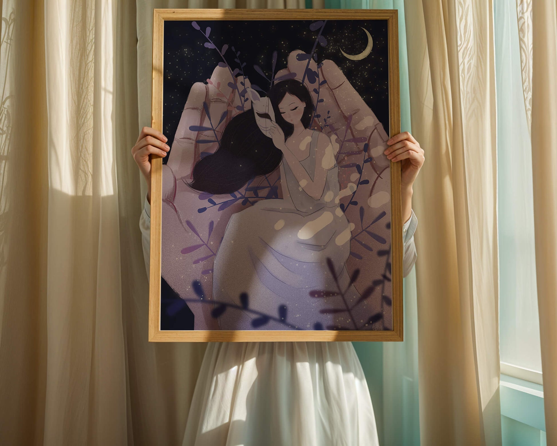 Un momento tierno bajo la luz de la luna con máscara y atmósfera onírica