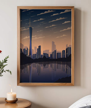 Skyline der Stadt bei Sonnenuntergang mit futuristischem Touch und Wasserspiegelung