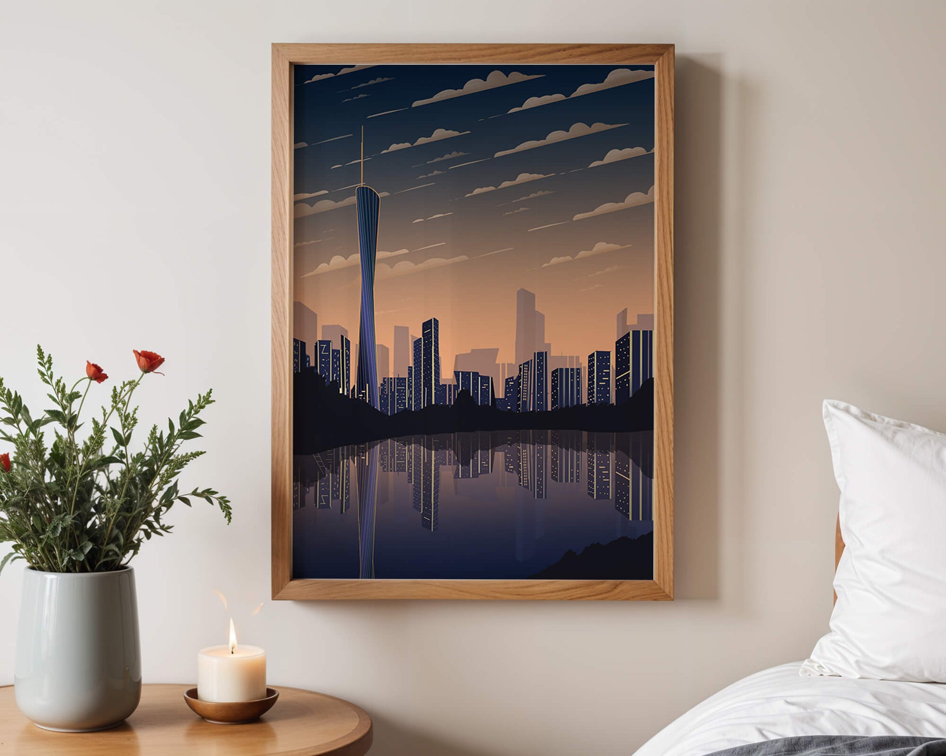 Skyline der Stadt bei Sonnenuntergang mit futuristischem Touch und Wasserspiegelung