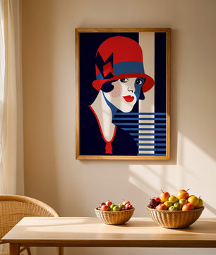 Femme élégante de style art déco avec chapeau cloche rouge et motifs géométriques
