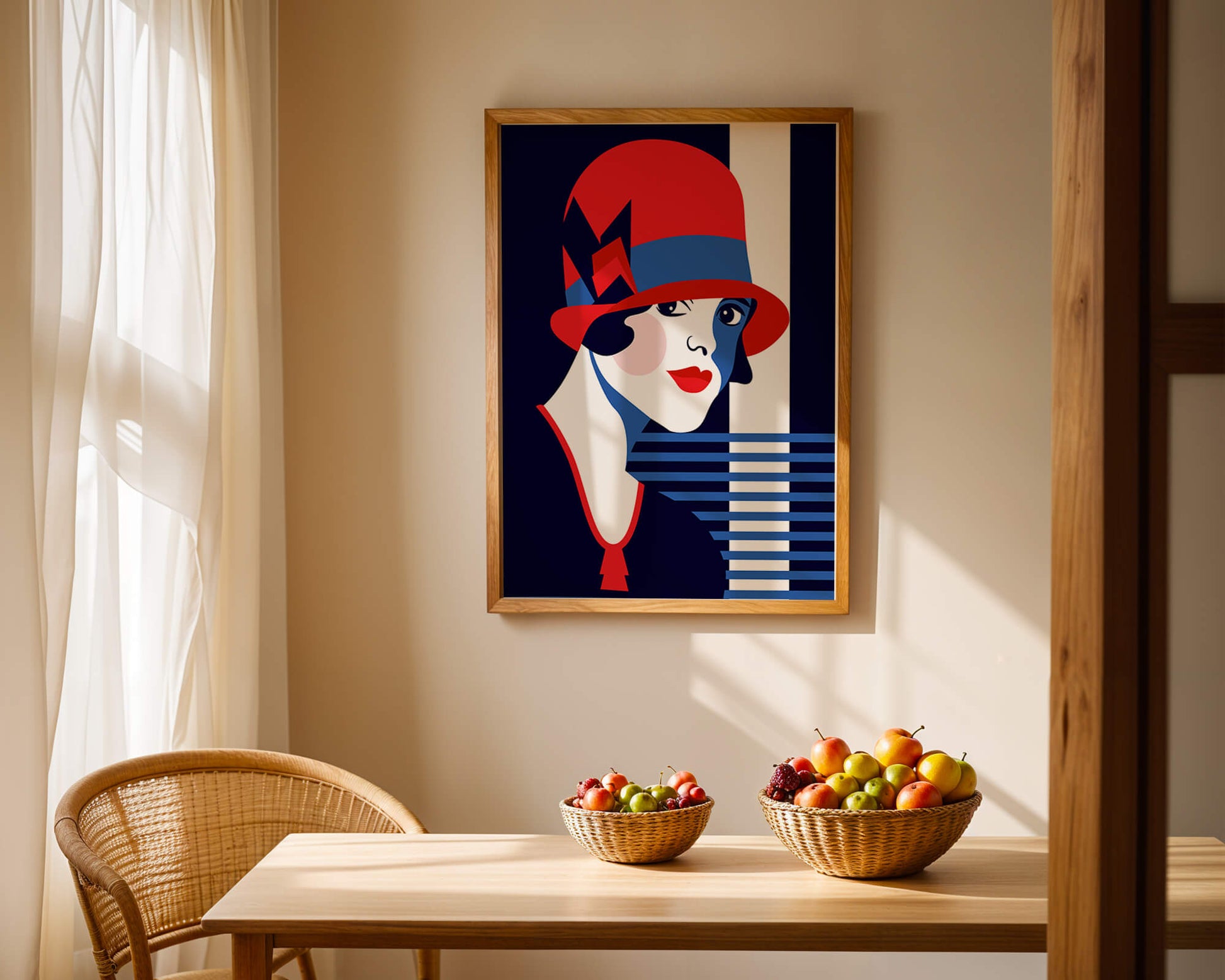 Elegante mujer de estilo art déco con sombrero cloche rojo y patrones geométricos.