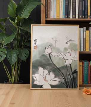 Delicate watercolor of lotus flowers with dragonfly in serene atmosphere