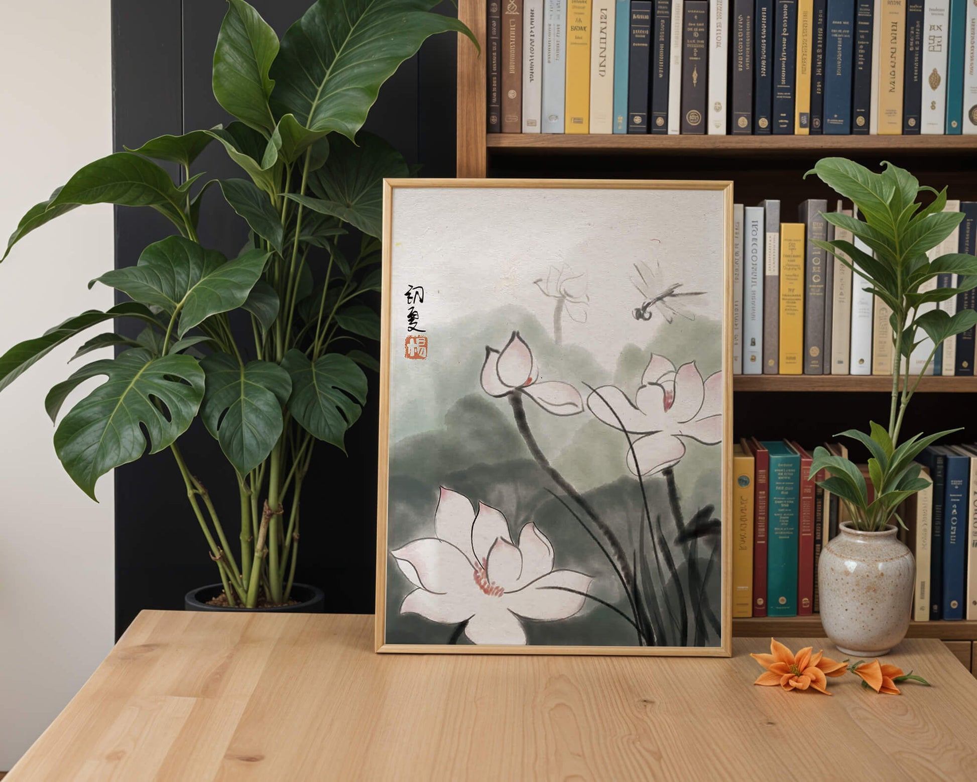 Delicate watercolor of lotus flowers with dragonfly in serene atmosphere