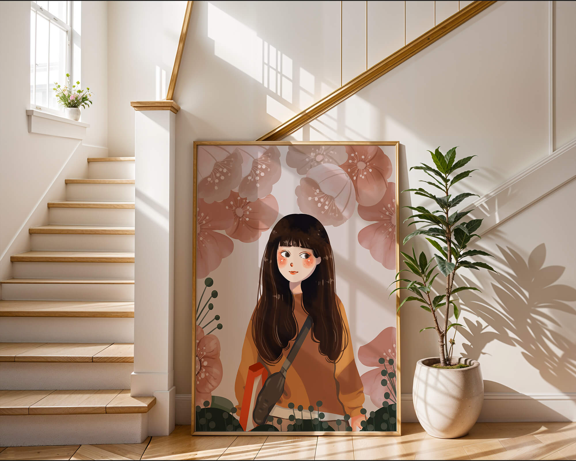 Illustration of girl with flowers in soft pastel hues
