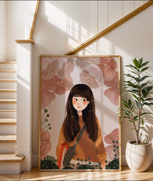 Ilustración de una niña con flores en tonos pasteles suaves