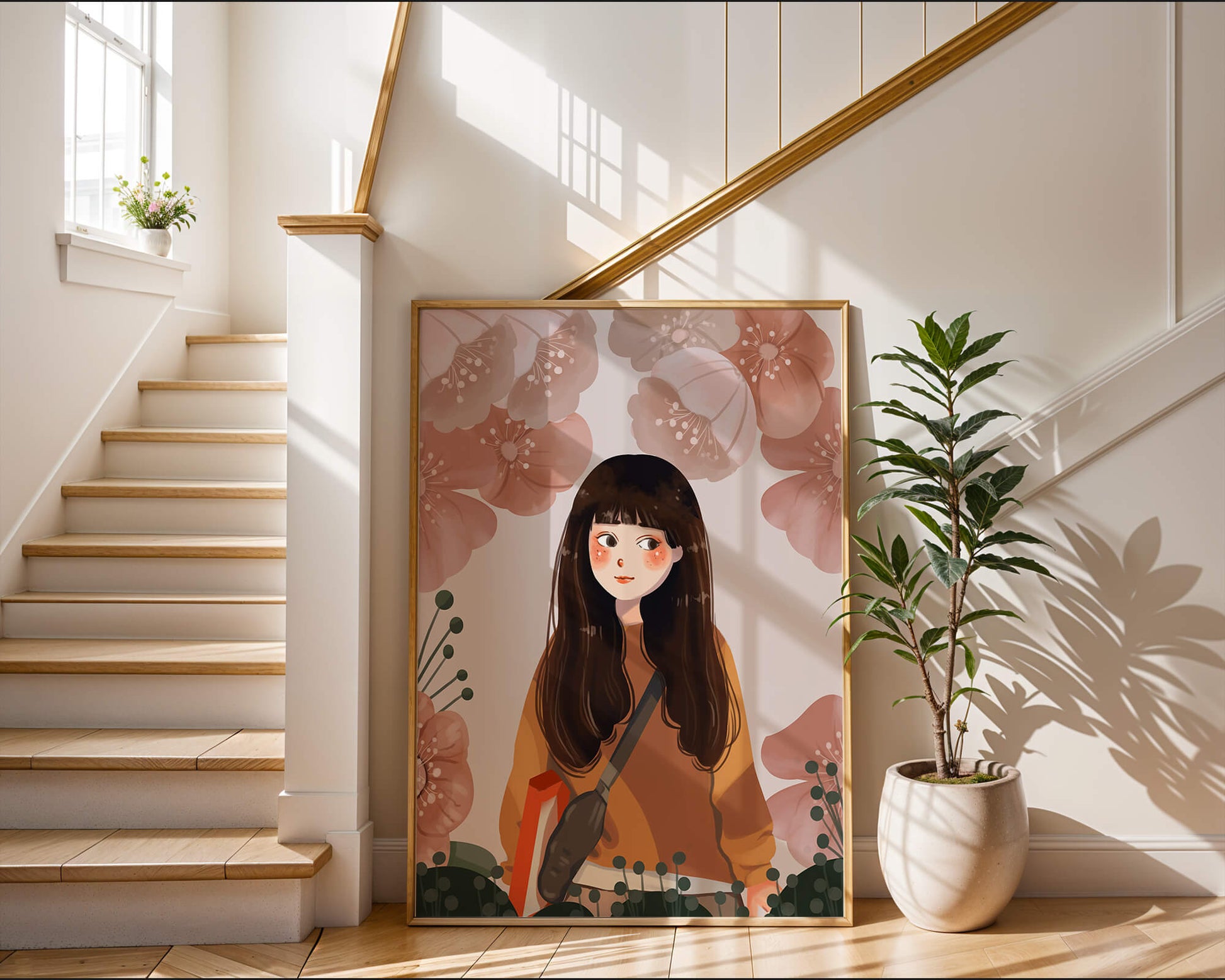 Illustration of girl with flowers in soft pastel hues