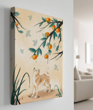 Illustration of a dog gazing at fruit-laden tree branches in nature