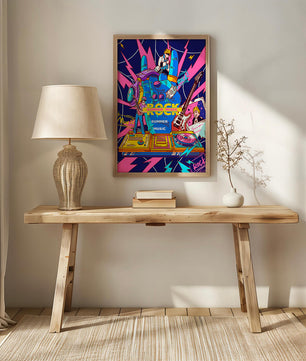 Ilustración temática vibrante de música rock con instrumentos y artistas