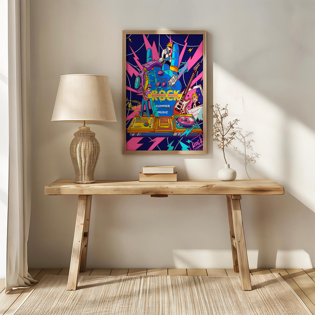 Ilustración temática vibrante de música rock con instrumentos y artistas