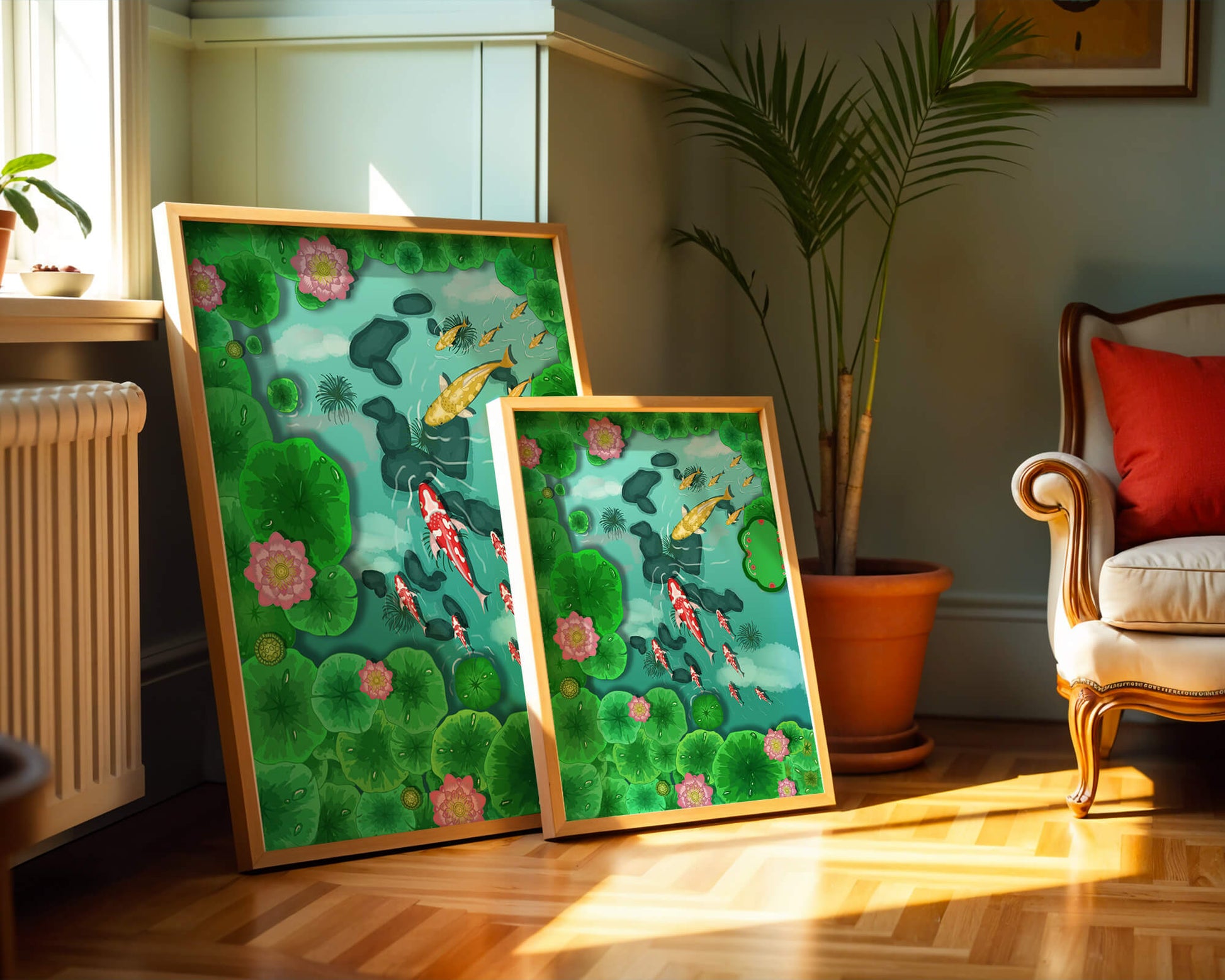 Étang à carpes koï vibrant avec des fleurs de lotus et des nénuphars verts