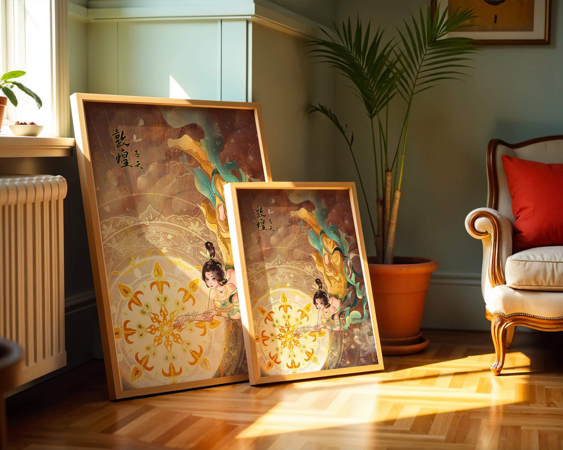 Figura celestial elegante con aura dorada y motivos florales