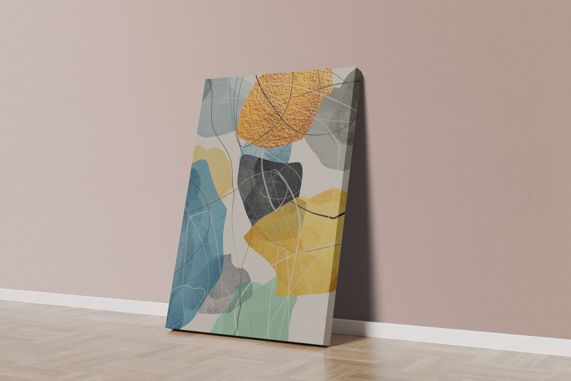 Arte geométrico abstracto con acentos dorados y colores vibrantes