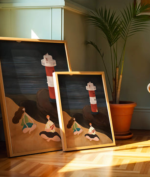 Peaceful Beach Scene with Lighthouse at Night