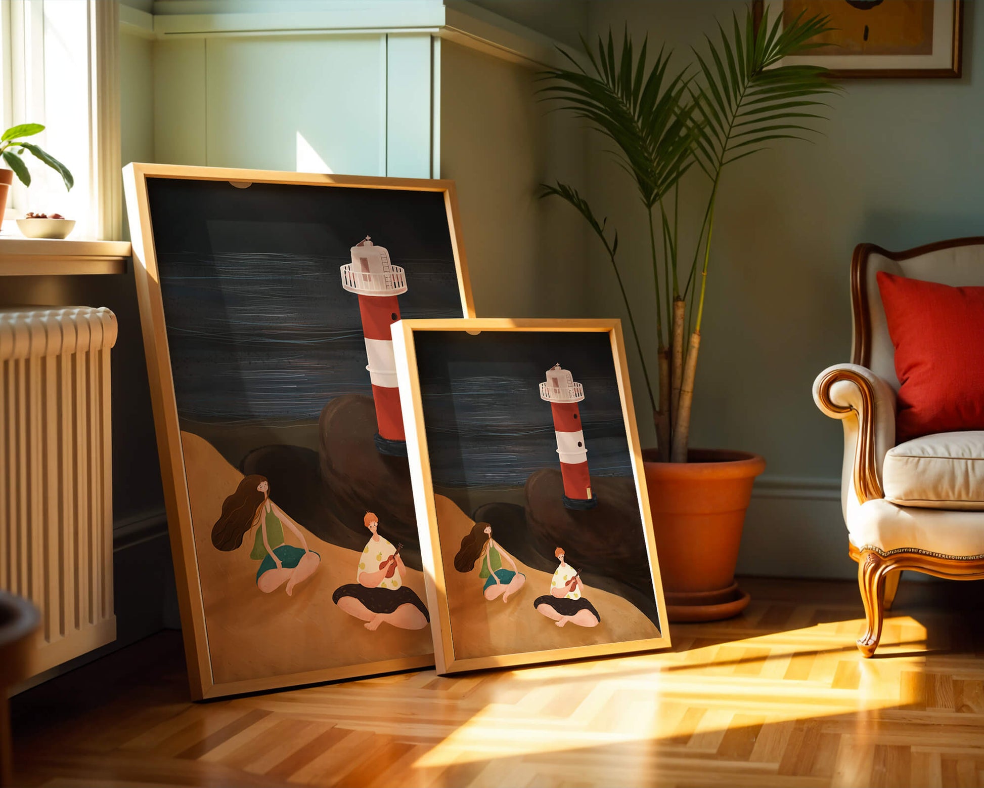 Escena de playa tranquila con faro por la noche