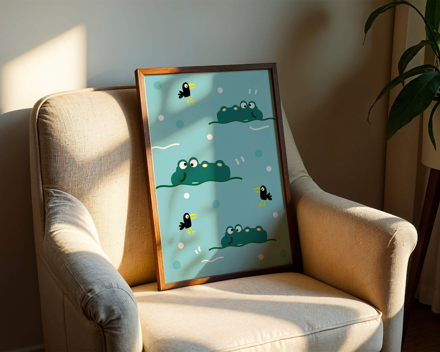 Playful cartoon crocodiles and birds on blue patterned background