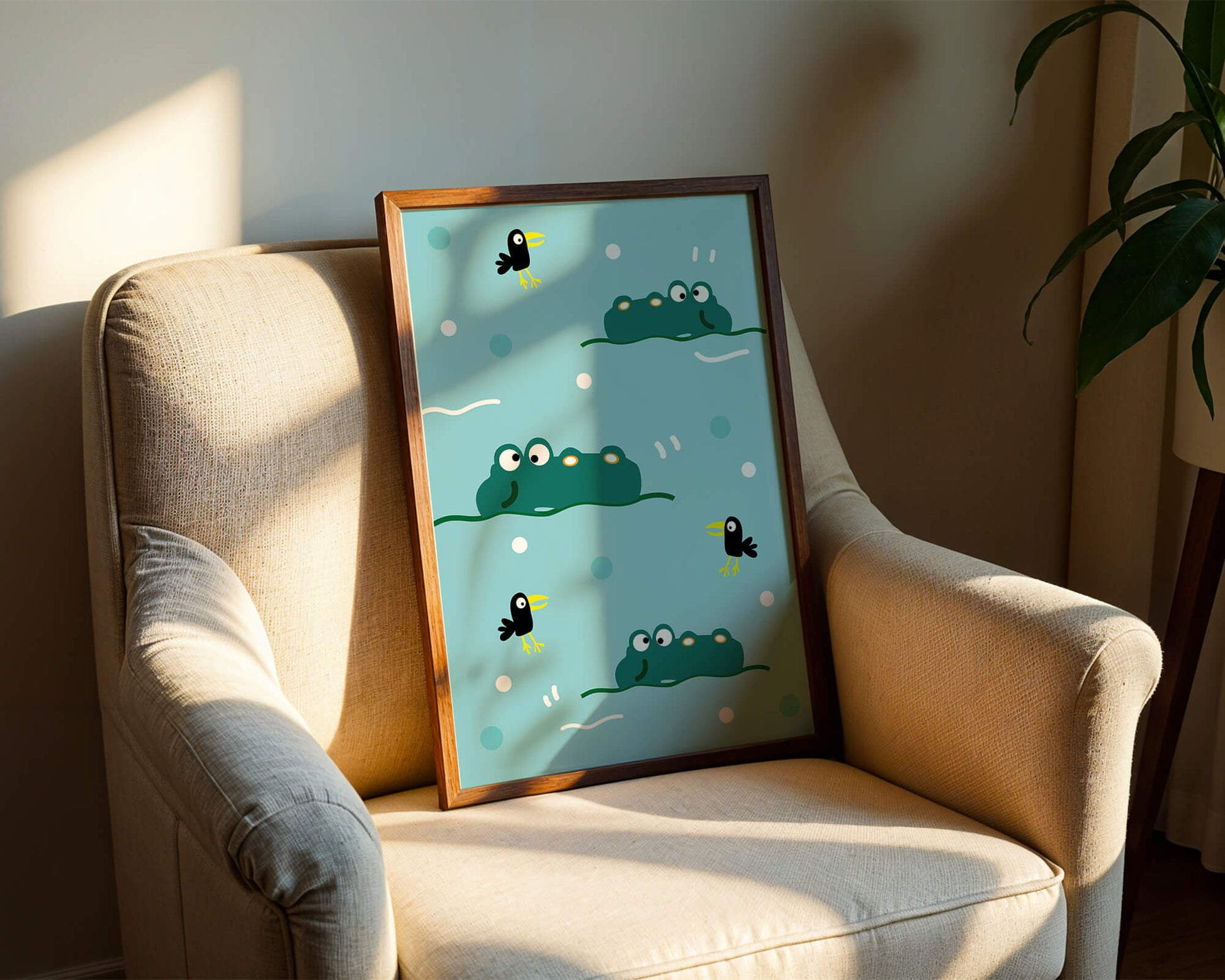 Playful cartoon crocodiles and birds on blue patterned background