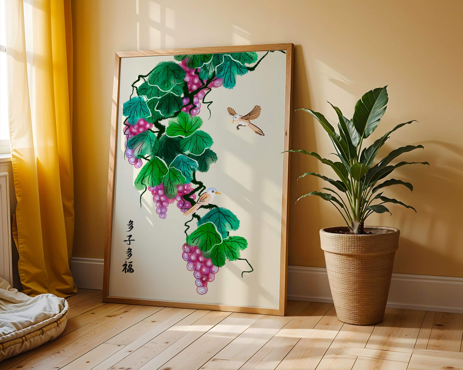 Watercolor grapevine and birds illustration with traditional art style