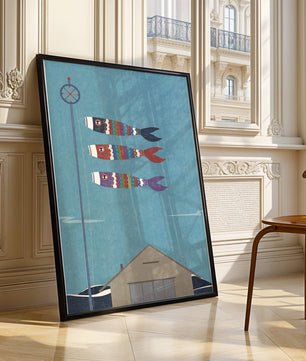 Colorful Koi Nobori Fish Flags Against Blue Sky