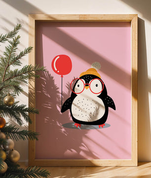 Ilustración adorable de un pingüino con globo y gafas