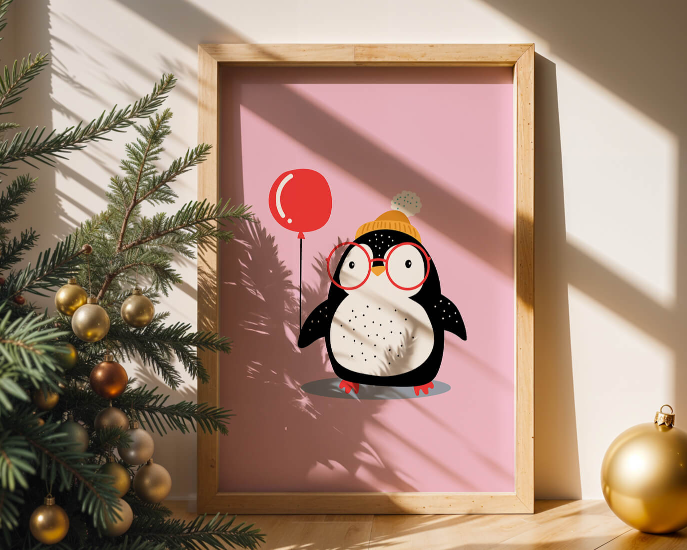 Adorable penguin with balloon and glasses illustration