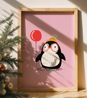 Adorable penguin with balloon and glasses illustration