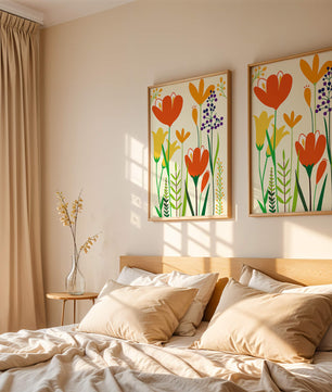 Bright Floral Illustration with Orange, Yellow, and Purple Flowers in Bold Colors