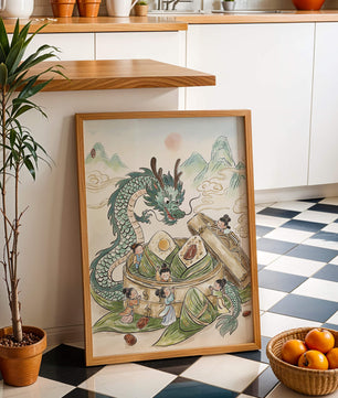 Dragon and Steamed Dumplings with Children in a Mountainous Landscape