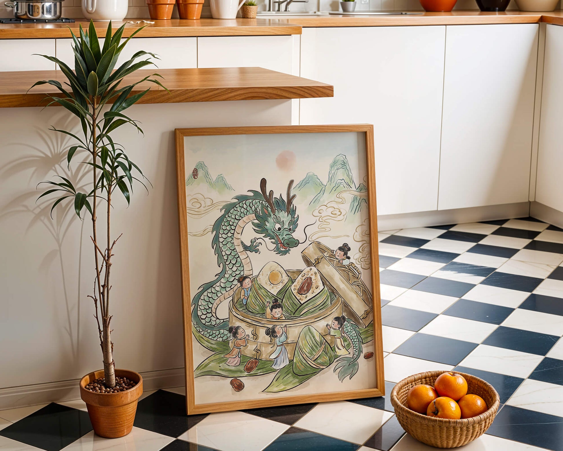 Dragón y dumplings al vapor con niños en un paisaje montañoso