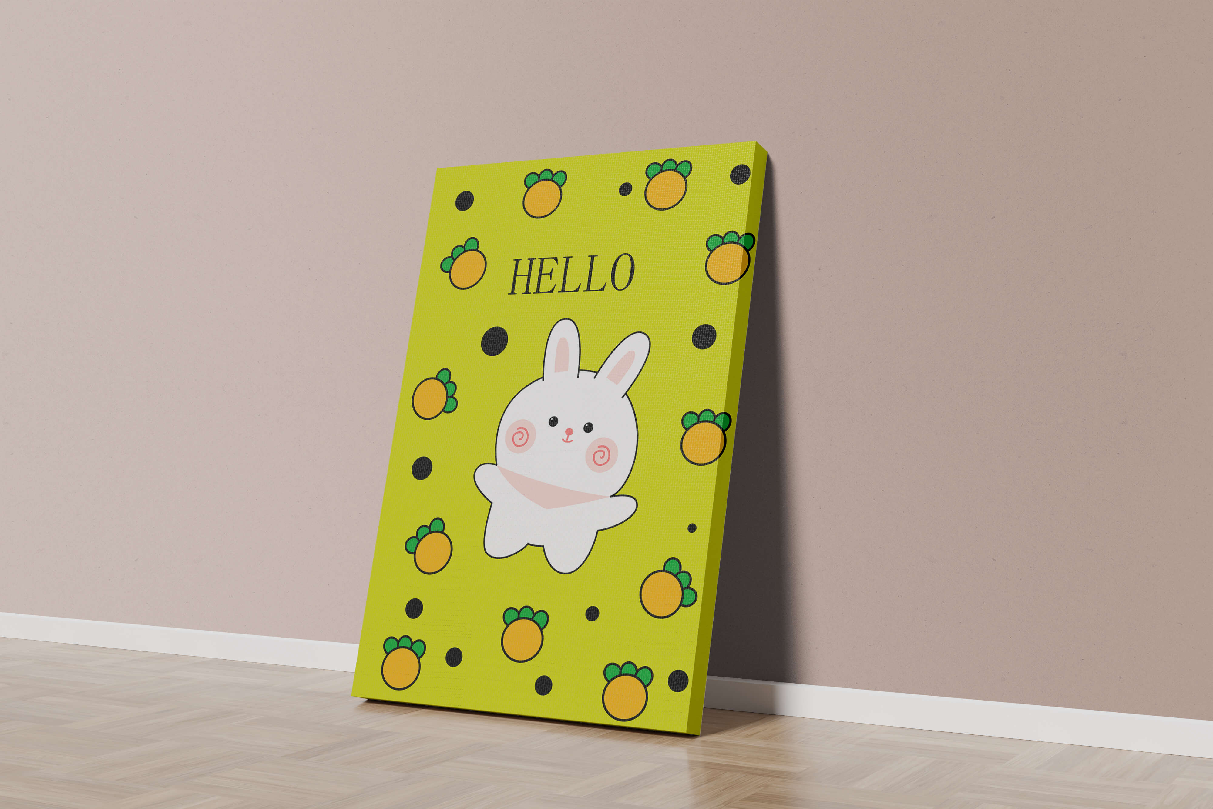 Charming rabbit cartoon illustration on yellow background with orange elements
