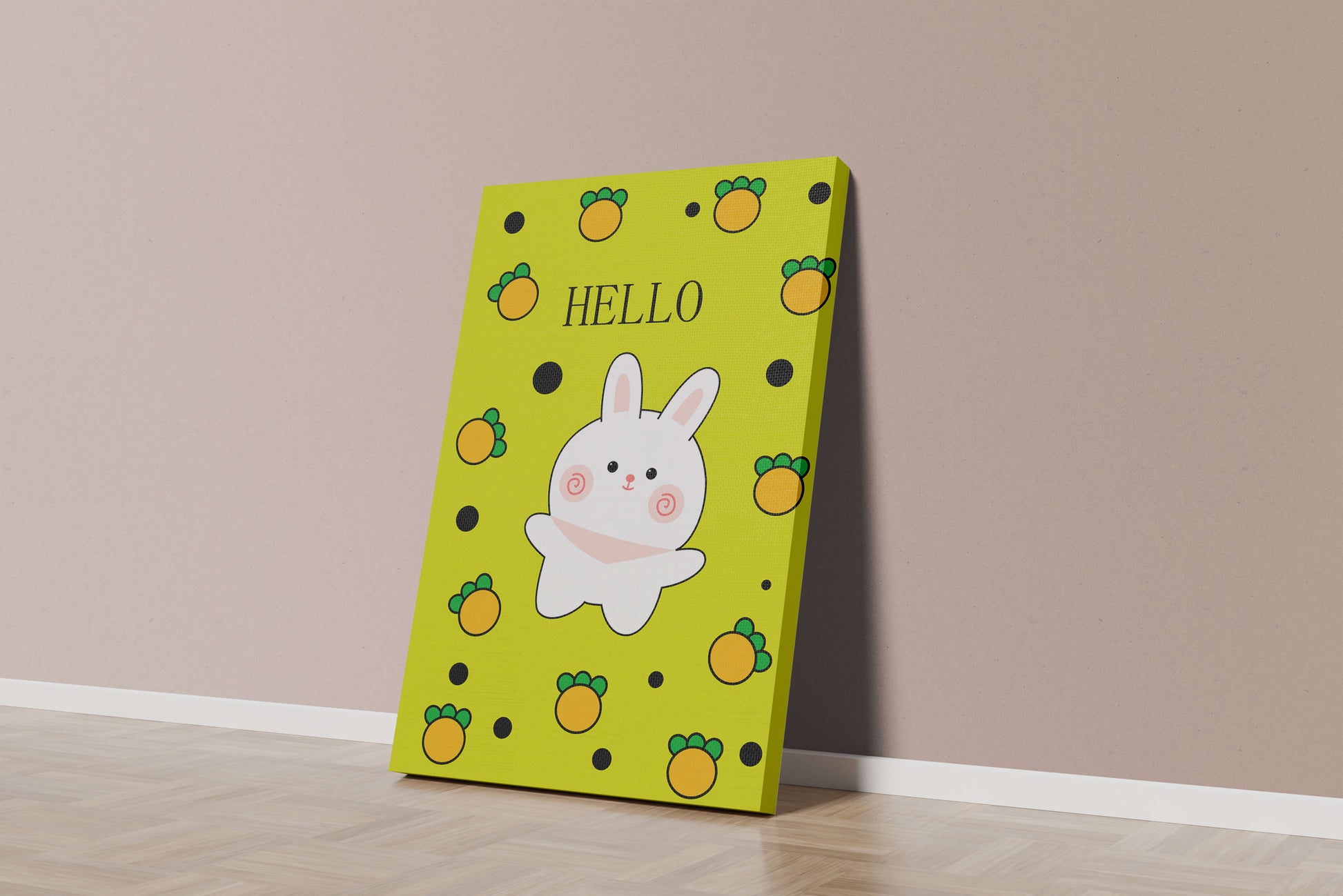 Charming rabbit cartoon illustration on yellow background with orange elements