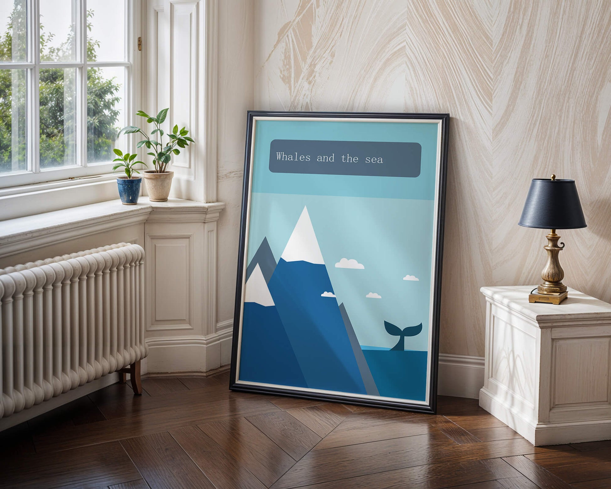 Whale and mountain illustration with sea and sky background