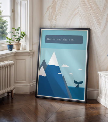 Whale and mountain illustration with sea and sky background