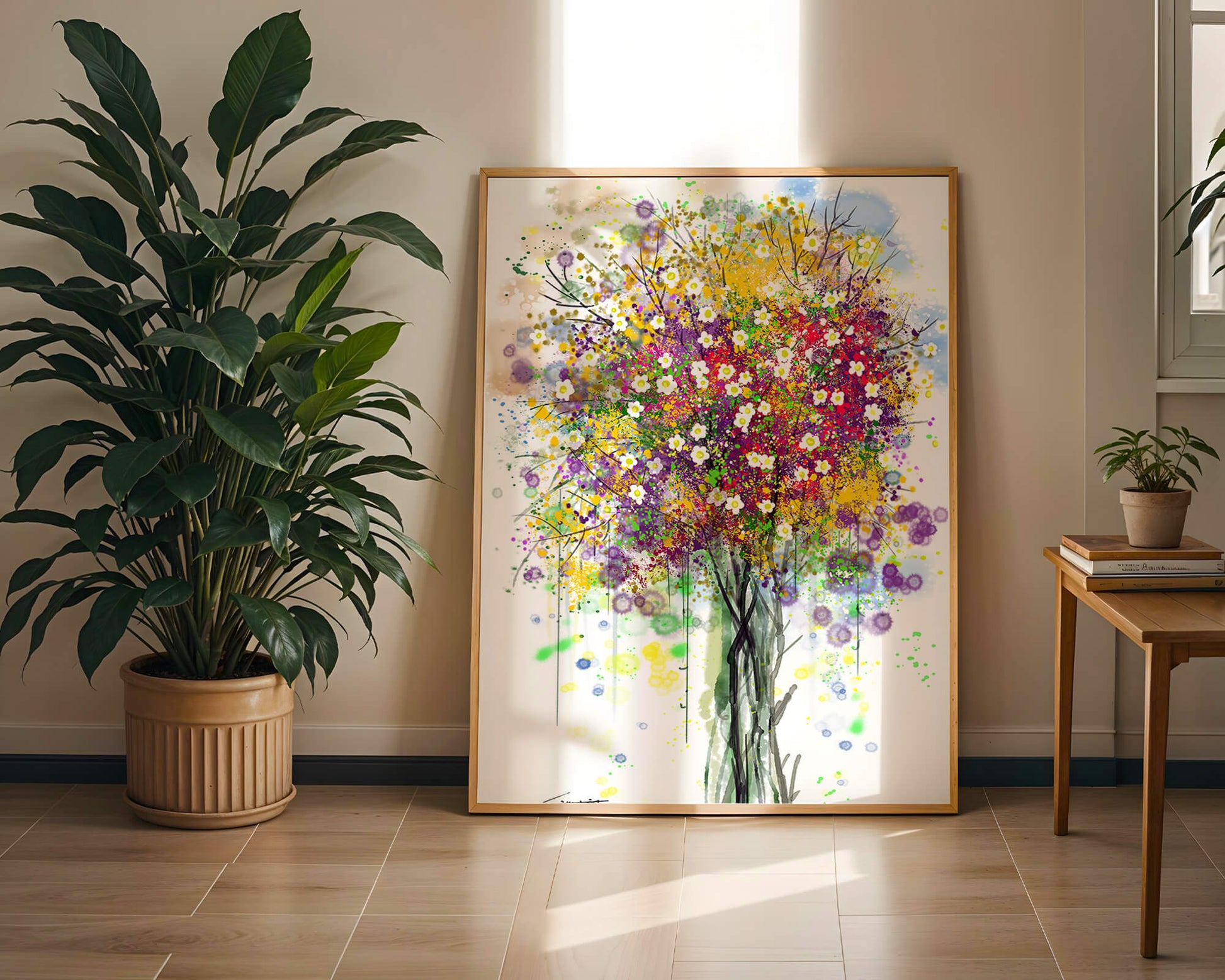 Abstract expressionist floral tree with vibrant colors