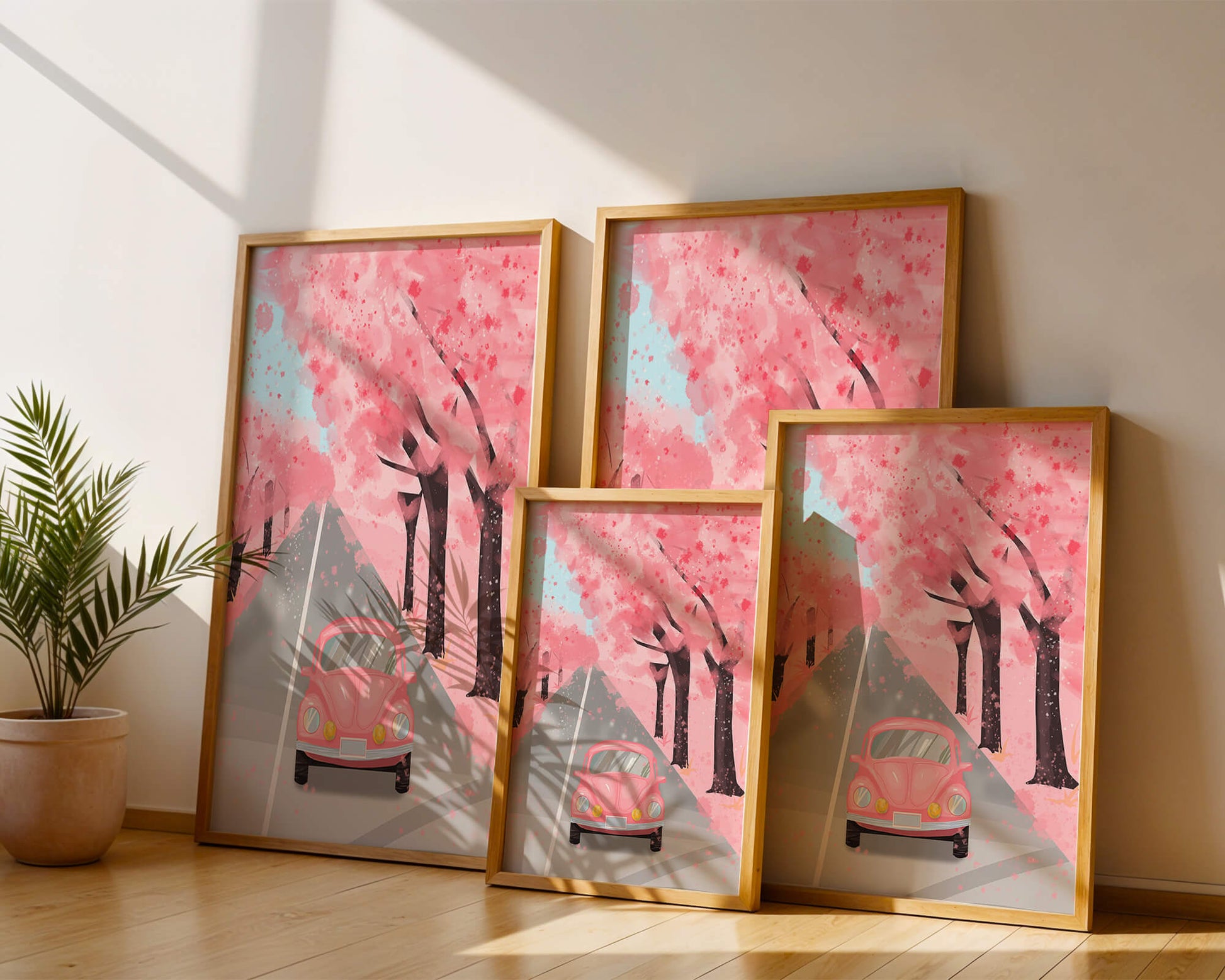 Pink vintage car on a cherry blossom road