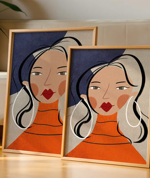 Colorful abstract portrait featuring a woman with red lips and hoop earrings on textured background - Mi tienda
