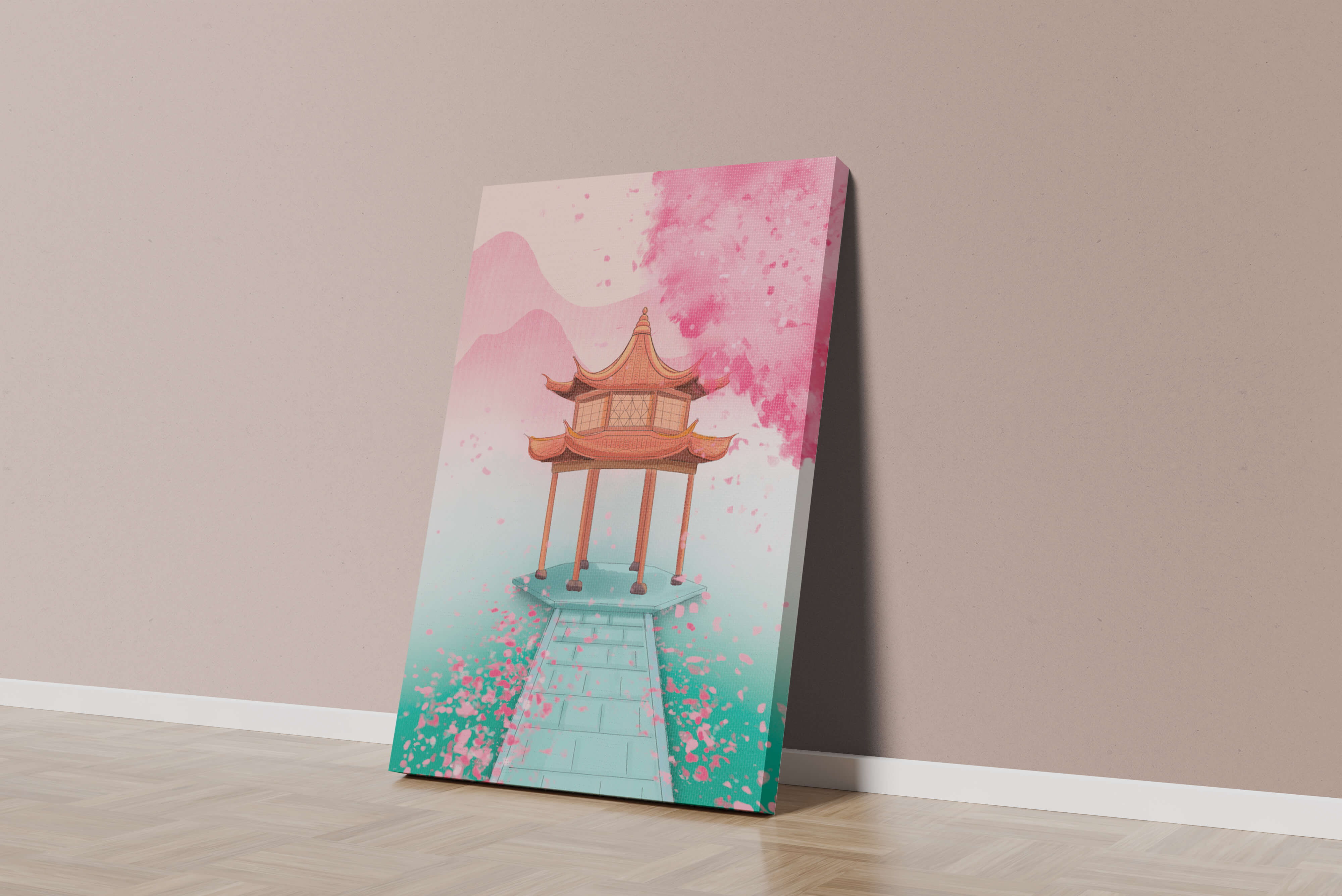 Traditional Asian gazebo surrounded by cherry blossoms
