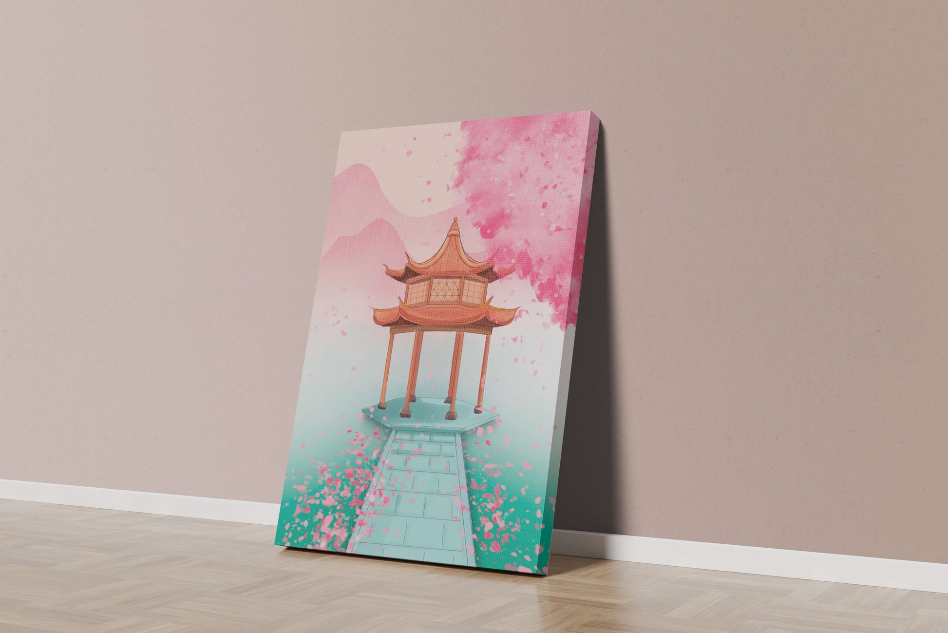 Traditional Asian gazebo surrounded by cherry blossoms