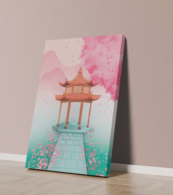 Traditional Asian gazebo surrounded by cherry blossoms