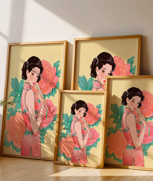 Elegant woman in traditional dress with floral background