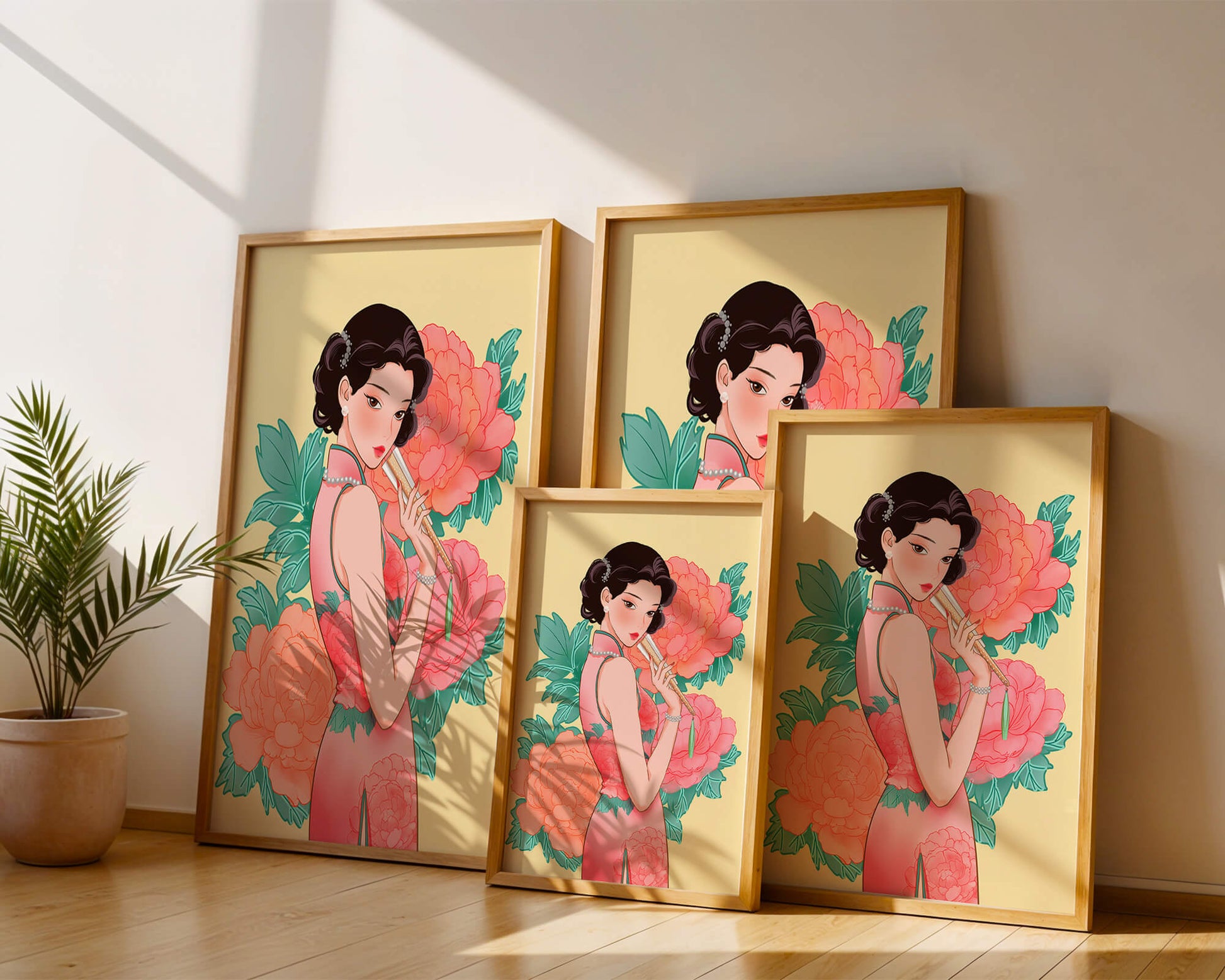 Elegant woman in traditional dress with floral background