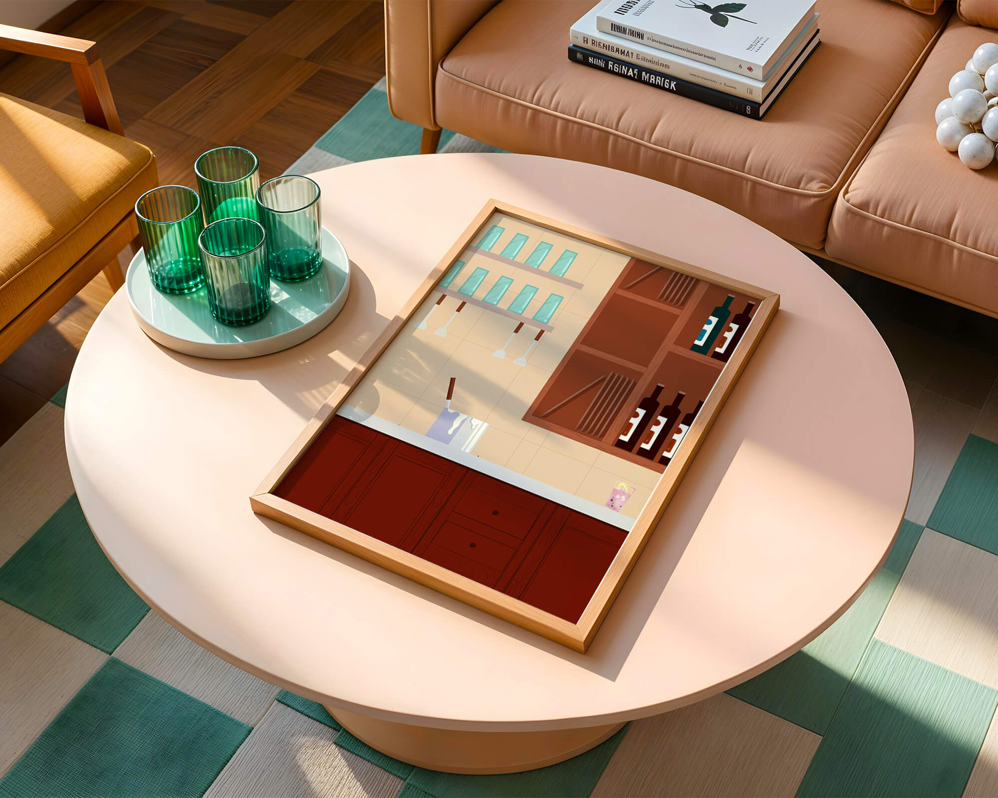Modern kitchen interior with wooden cabinets and glass shelves