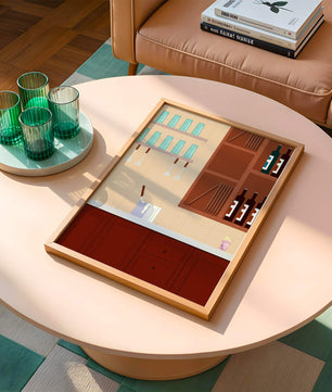 Interior de cocina moderna con gabinetes de madera y estantes de vidrio