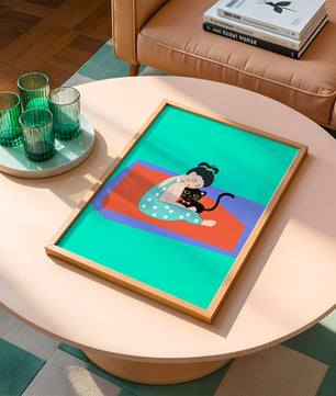 Gemütliche Illustration eines Mädchens, das eine Katze auf einer bunten Matte umarmt