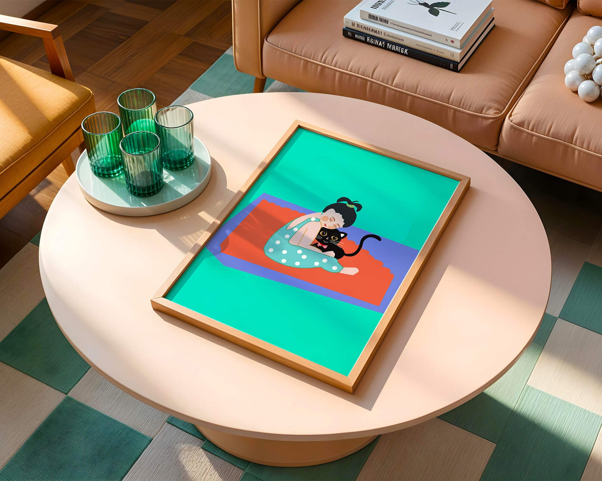 Gemütliche Illustration eines Mädchens, das eine Katze auf einer bunten Matte umarmt